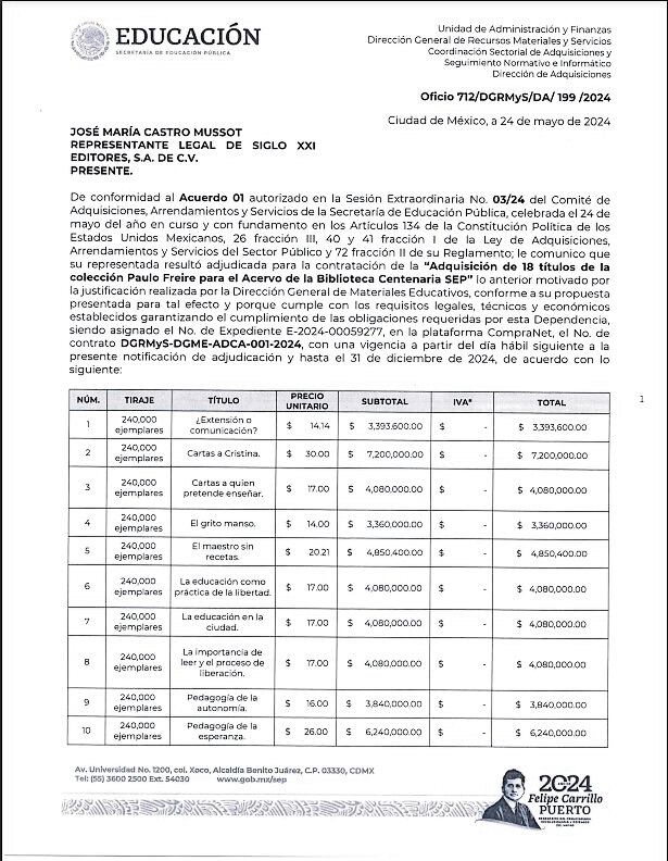 En el contrato se indica que la colección adquirida por la SEP “se integrará con el propósito de enriquecer los recursos disponibles para la comunidad educativa de educación básica”.