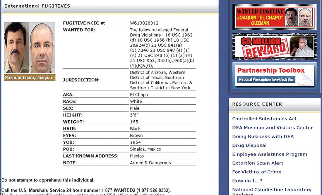 El 13 de julio pasado, la DEA actualizó su lista negra con dos fotografías de El Chapo cuando fue detenido en 2014 y al ser fich ado en El Altiplano (ESPECIAL)