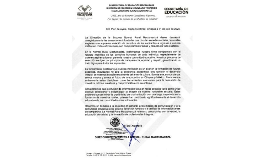 Normal Mactumactzá rechaza denuncias por presuntos abusos; afirma que no reflejan la realidad.
Foto: Escuela Normal Rural Mactumactzá