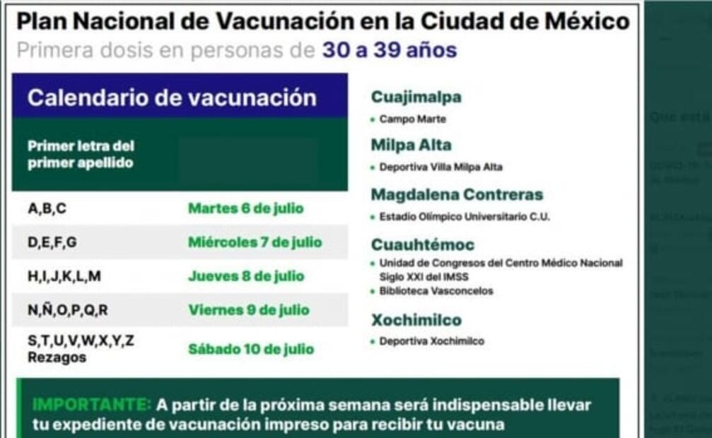 Mañana inicia vacunación Covid para adultos de 30 a 39 años en 5 alcaldías de CDMX