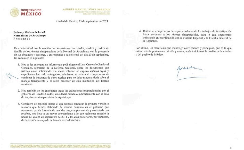 Gobierno de México difunde la carta de AMLO para los padres de los 43 normalistas. Foto: Especial