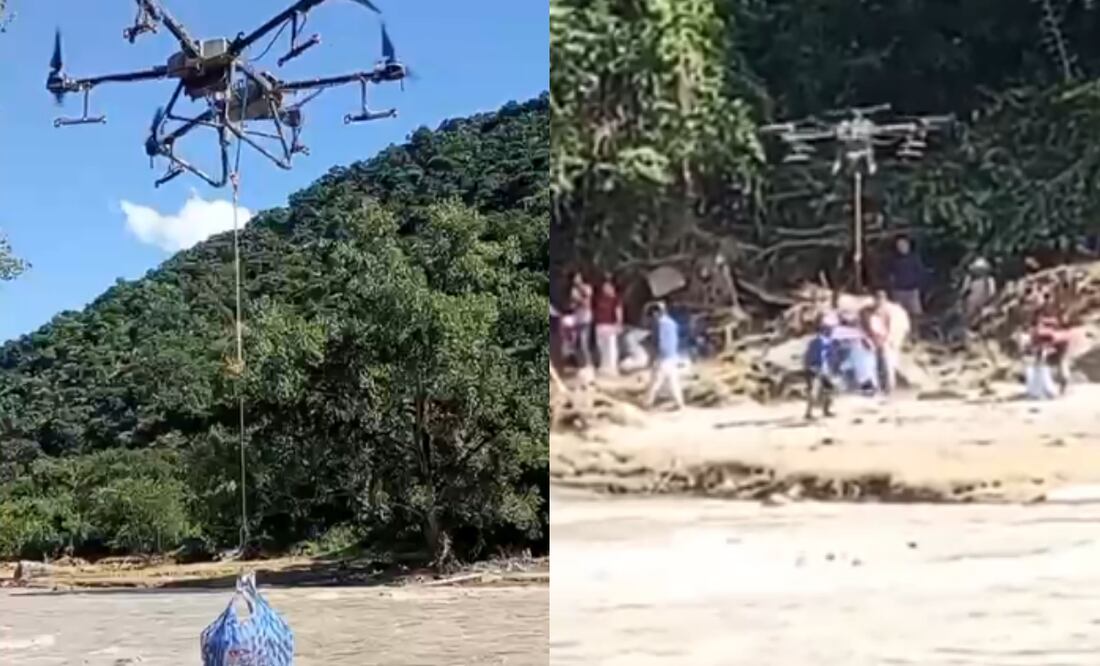 Pobladores de Hidalgo Utilizan dron para poder llevar comida a comunidades aisladas (16/10/2025). Foto: Especial