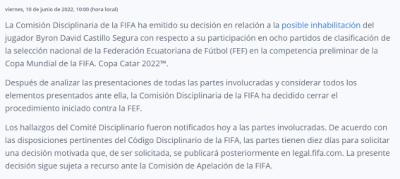 FIFA cierra el procedimiento contra Ecuador por el caso Byron Castillo