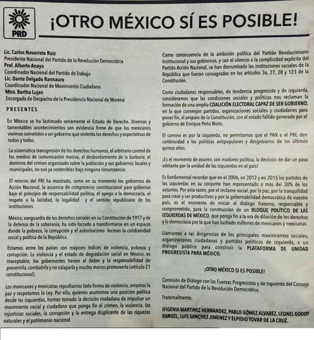 PRD formaliza petición de alianza a Morena, MC y PT
