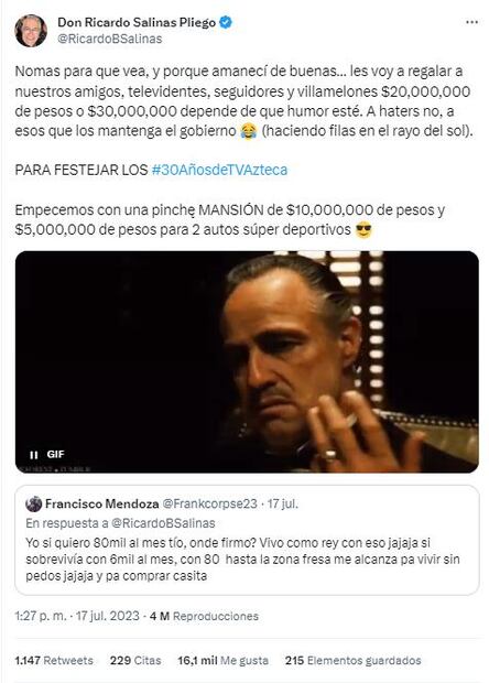 El pasado 17 de julio salinas pliego anunció regalos millonarios por el 30 aniversario de TV Azteca. / Foto: captura de pantalla.