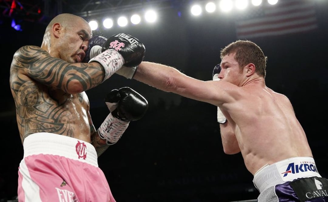Miguel Cotto gets hit by Canelo Alvarez during their WBC middleweight title bout in Las Vegas.