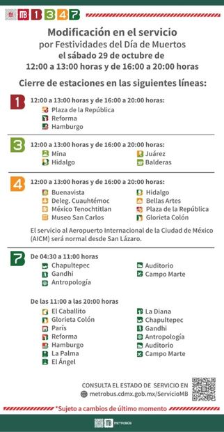 Metrobús modifica horarios de su servicio por eventos de Día de Muertos  
