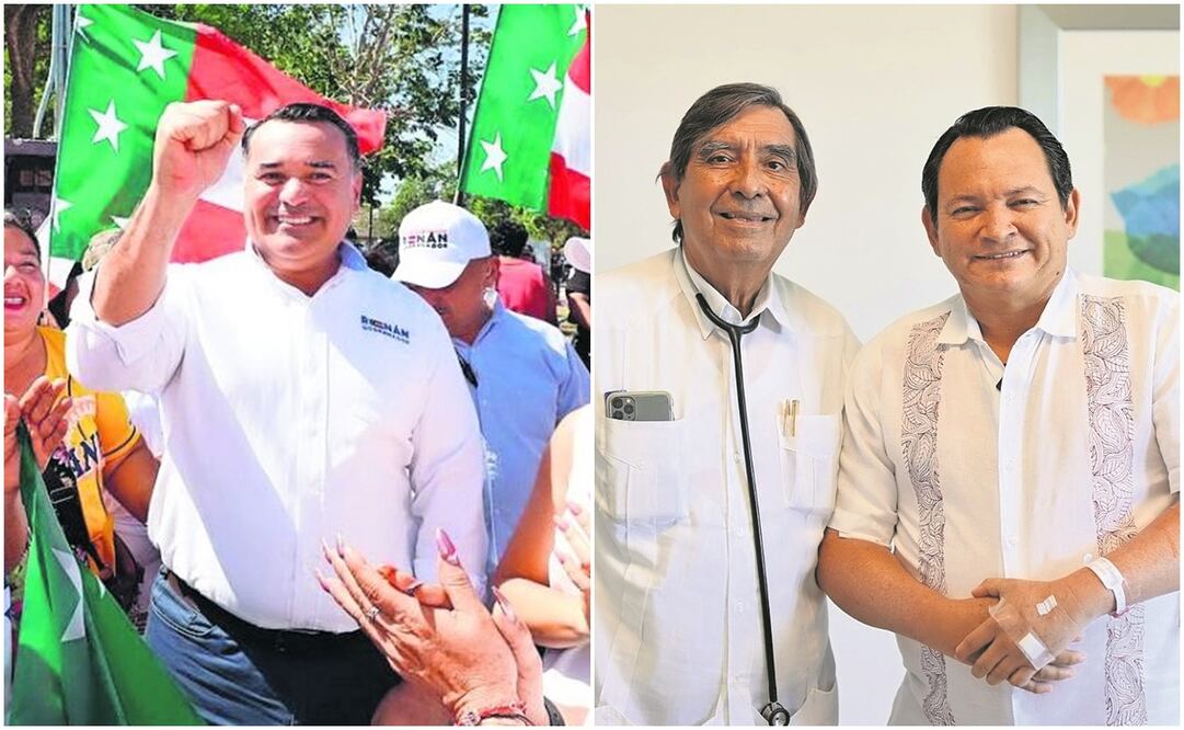 Renán Barrera, de la alianza PAN, PRI, Panal (izq.), visitó La Mielera y ofreció combatir la marginación; Joaquín Díaz Mena, de la coalición Morena PVEM y PT reapareció con el médico que lo operó. Fotos: Especial