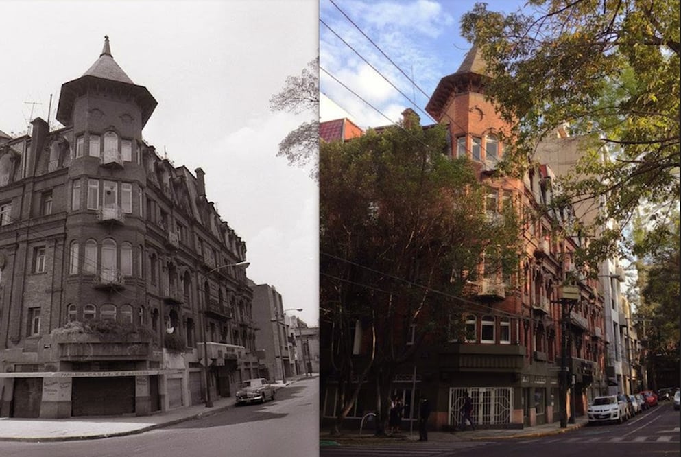 El Edificio Río de Janeiro, ubicado en la esquina de la plaza del mismo nombre, en una imagen comparativa de los años setenta y en la actualidad. Este inmueble, llamado originalmente Roma Apartamentos, fue construido por Regis A. Pigeon en 1908. Hasta nuestros días es un ícono de la colonia Roma. Imagen actual: Rodrigo Hidalgo