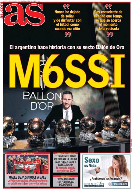 Prensa internacional enaltece el sexto Balón de Oro de Messi
