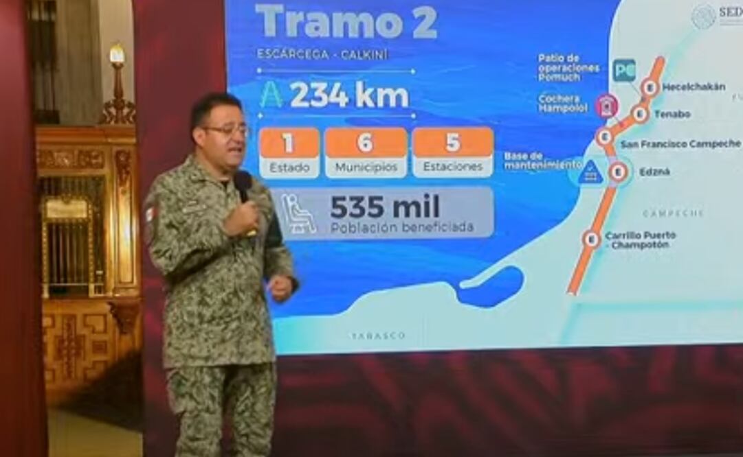 El general Óscar David Lozano Águila informó que ya está concluido el tramo 2 del Tren Maya. Foto: Captura de pantalla