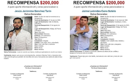 Ofrecen recompensa de 400 mil pesos por dos hombres desaparecidos en Chihuahua desde agosto de 2025
