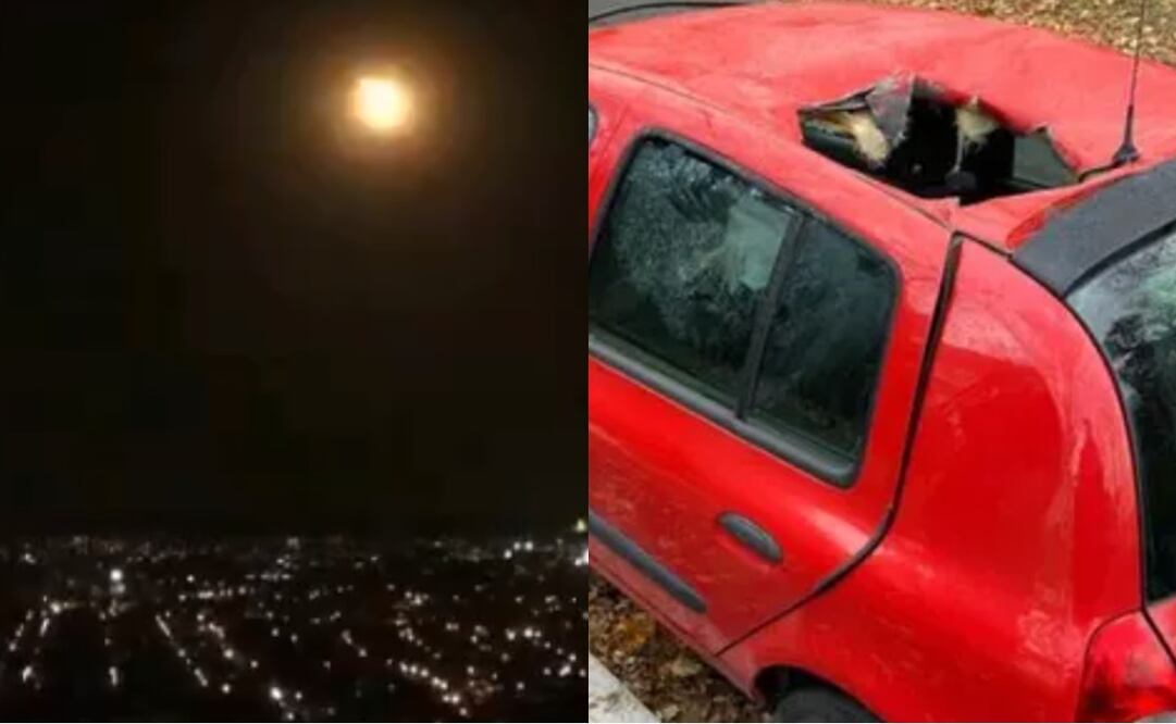 En la imagen se aprecia el impacto de un meteorito en un carro que cayó en Francia ayer 20 de noviembre, y el paso de un bólido en México durante la madrugada de este martes. Foto: Capturas vía Webcams de México/ Twitter X @F3Alsace.