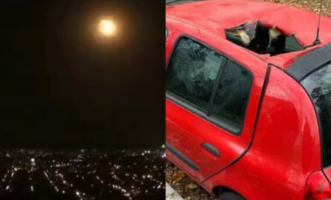 En la imagen se aprecia el impacto de un meteorito en un carro que cayó en Francia ayer 20 de noviembre, y el paso de un bólido en México durante la madrugada de este martes. Foto: Capturas vía Webcams de México/ Twitter X @F3Alsace.