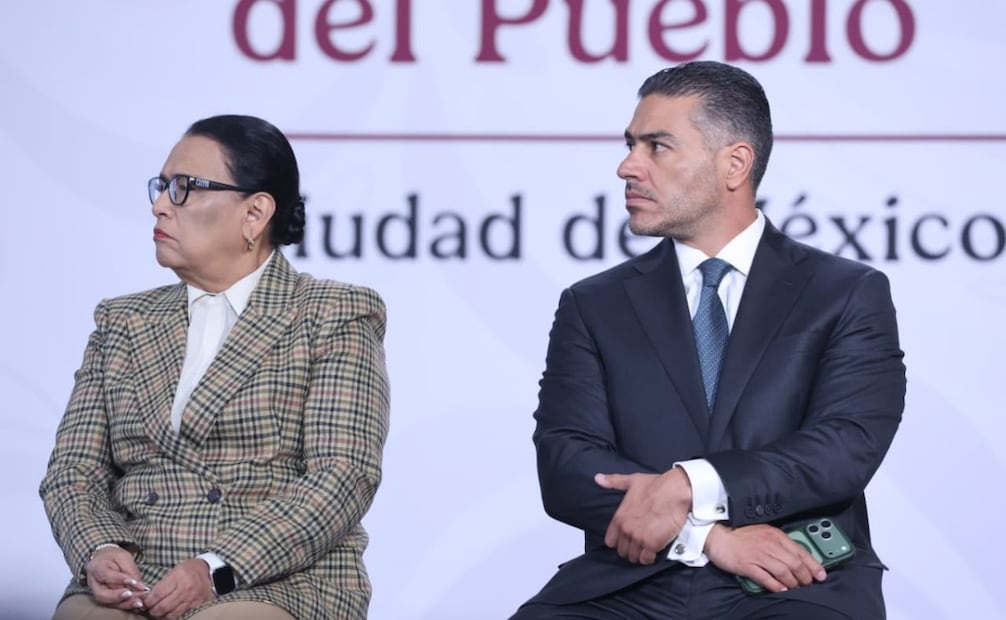 Rosa Icela Rodríguez y Omar García Harfuch en la “Mañanera del Pueblo” del 7 de julio de 2026 en Palacio Nacional. Foto: Luis Camacho/ EL UNIVERSAL