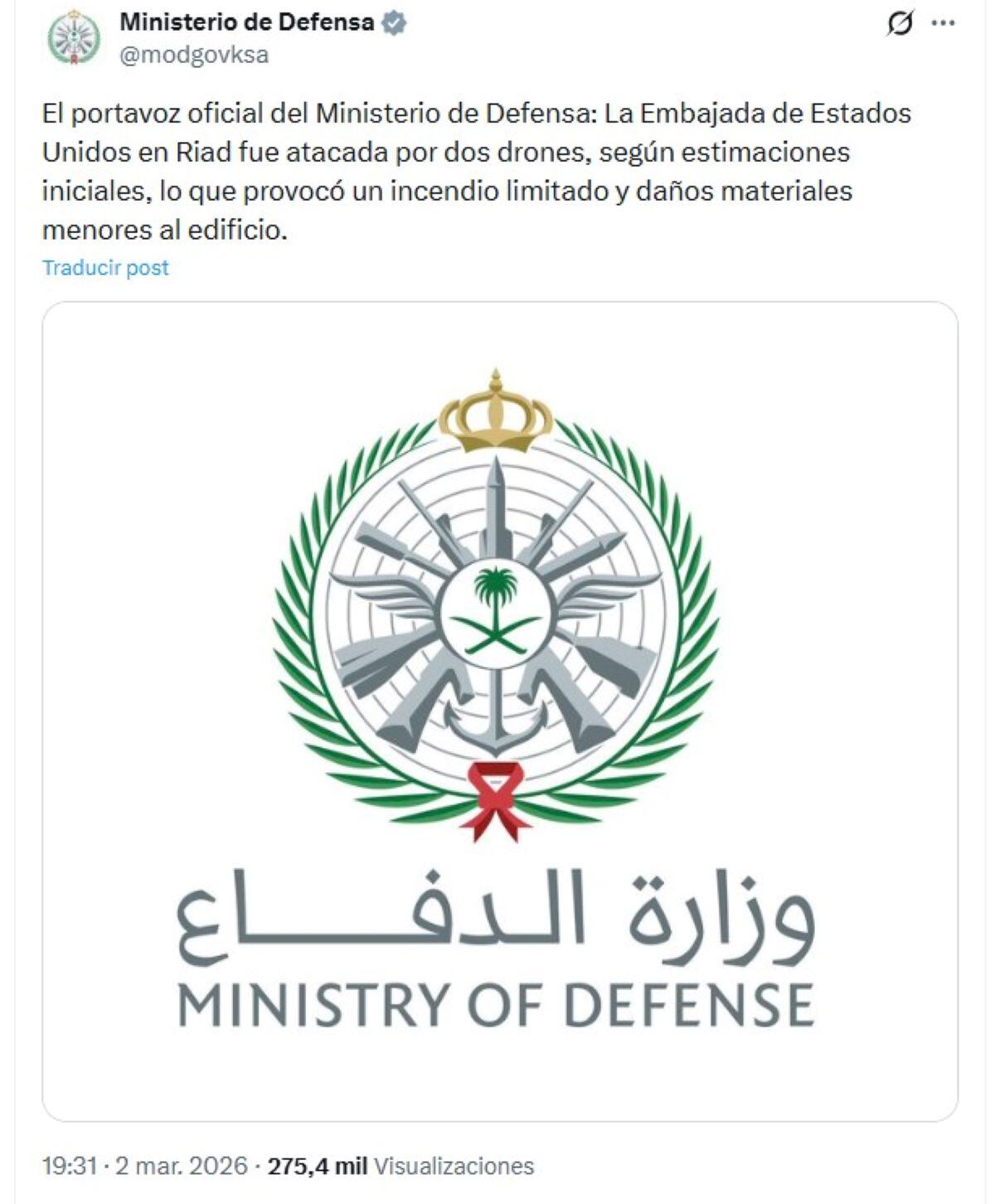 Comunicado del Ministerio de Defensa de Arabia Saudita que confirmó el ataque contra la Embajada de EU en Riad. FOTO: X