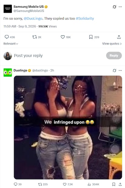 Samsung y Duolingo reaccionan al nuevo iPhone Duo de Apple en redes sociales. Foto: Captura de pantalla X