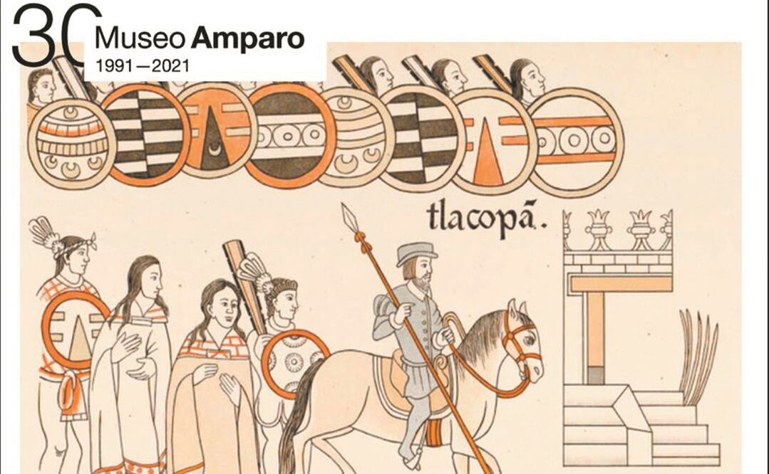 Detalle de la lámina 19 del Lienzo de Tlaxcala, con dos mujeres tlaxcaltecas (dibujo de Camilo Moncada basado en la versión de Genaro López), con el que el Museo Amparo invita a la conferencia. Foto: Museo Amparo