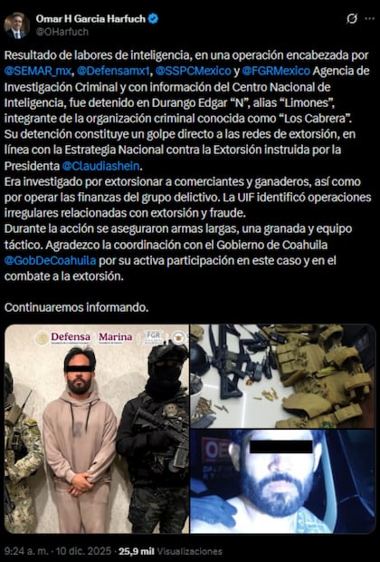 Omar García Harfuch, titular de la SSPC, reportar detención de "Limones". Foto: Captura de pantalla de la cuenta de X de @OHarfuch