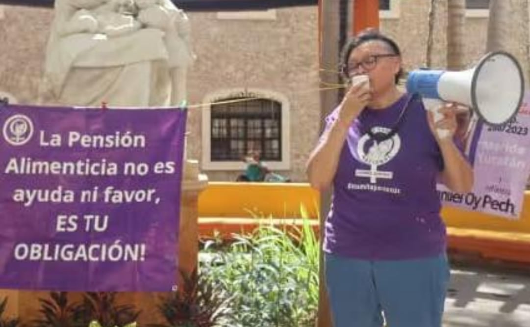 Colectivos se manifiestan en el Parque de la Madre, Yucatán; exhiben deudores alimentarios en tendedero.
Foto: Especial.