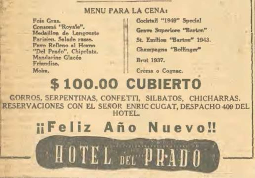 Menú de cena de Año Nuevo en el Hotel del Prado, 1948.
Hemeroteca EL UNIVERSAL.