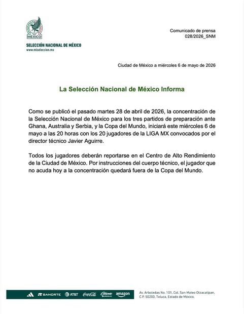 El comunicado de la FMF. FOTO: Selección Mexicana