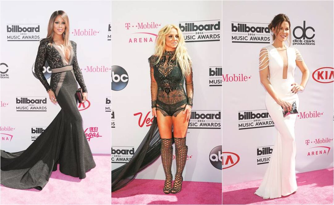 (De izq. a der.) Laverne Cox lució un vestido negro con escote y corte de sirena; Britney Spears arribó con un sexy vestido negro de encaje; Kate Beckinsale presumió escote en un elegante vestido blanco