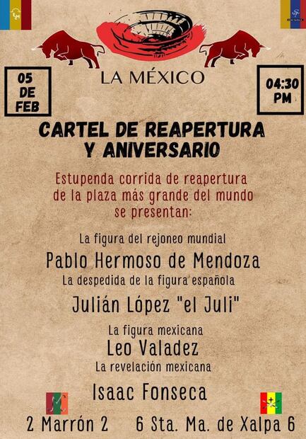 Así sería el primer cartel de reapertura de la Plaza de Toros / Foto: Especiales