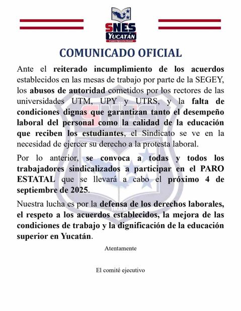 Comunicado de SNES sobre pero laboral (27/08/2025). Foto: Especial