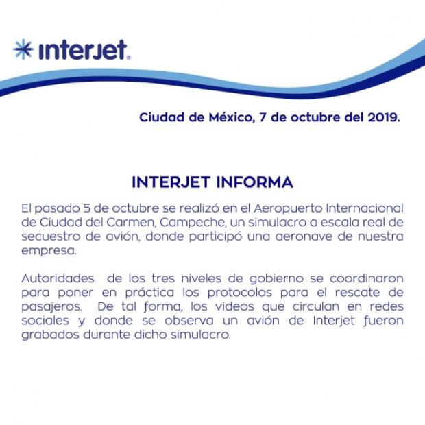 Interjet aclara que videos de supuesto secuestro de avión son de un simulacro