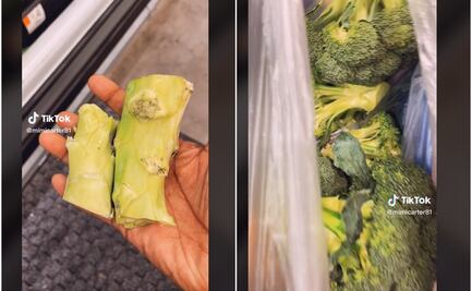 Antes de pagar mujer corta tallos de verduras en la tienda; "sólo pagaré lo que me voy a comer"