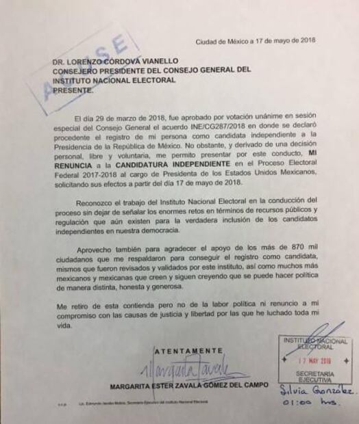 Margarita Zavala presenta al INE oficialmente su renuncia a candidatura