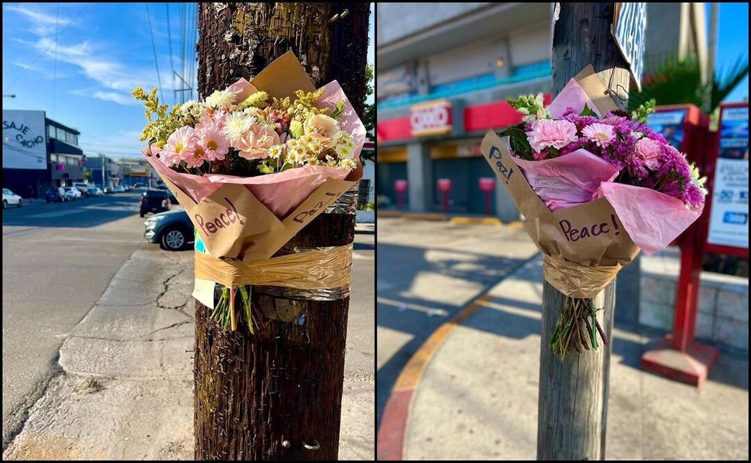 Un bouquet de margaritas, lavanda y rosas blancas permanece pegado en un poste de luz, pegadas con cinta adhesiva color canela