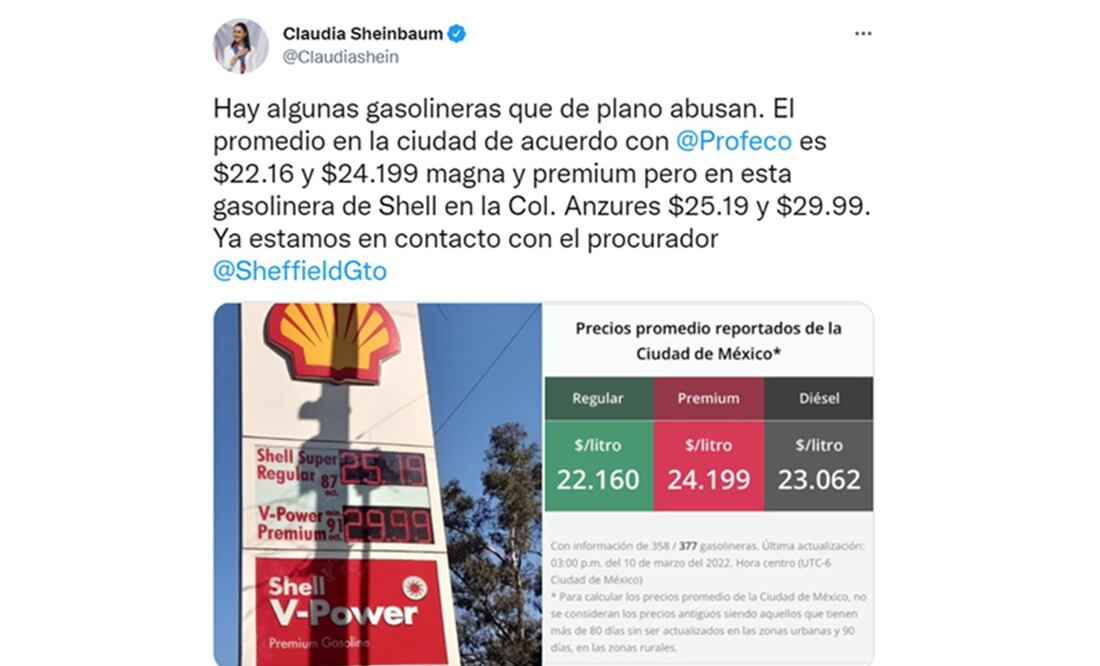 El precio que se observa en la fotografía es de 25.19 pesos para el tipo Shell Super Regular y 29.99 pesos para el tipo V-Power Premium. Foto: tomada de Twitter @Claudiashein