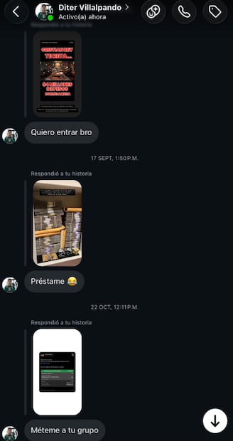 Las conversaciones donde Dieter Villalpando pide entrar a grupos de apuestas deportivas / Fotos: Captura de pantalla de Cristian Rey