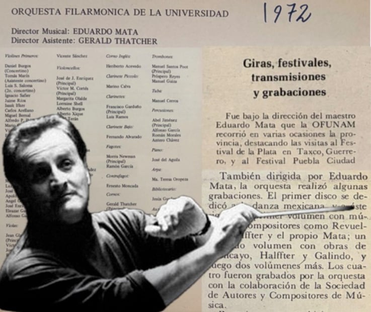 Recortes de periódico y programa de mano de la OFUNAM durante la dirección de Eduardo Mata. Fotografías y collage: Josue Chispan