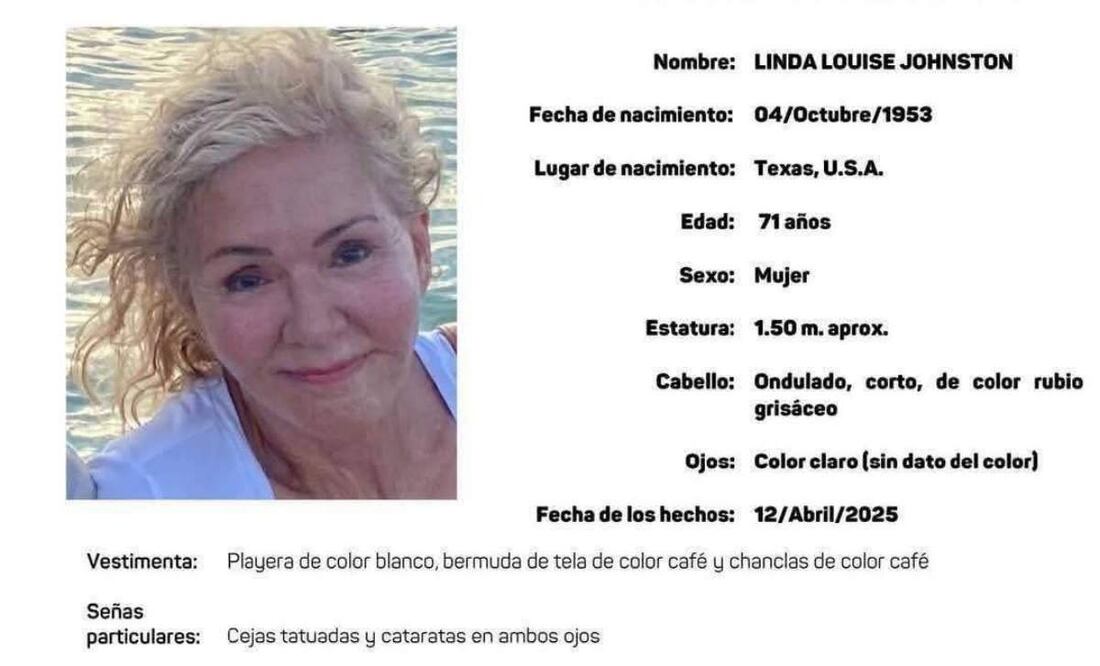 Linda Louise Johnston, una extranjera de nacionalidad estadounidense estaba desaparecida en Yucatán desde el pasado jueves 17 de abril (22/04/2025). Foto: Especial