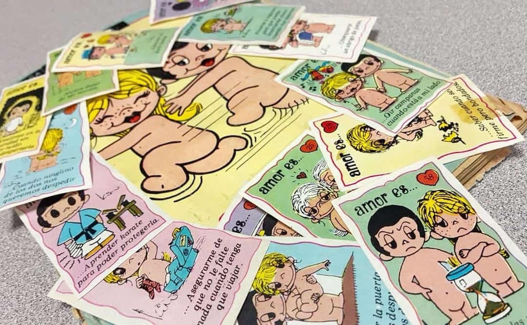 Caricatura “Amor Es…”, creada por Kim Casali; además de publicarse en varios periódicos internacionales, esta ilustración llegó a México en forma de un exitoso álbum de estampas. Foto: Germán Espinosa/EL UNIVERSAL/Material de MiniKim.