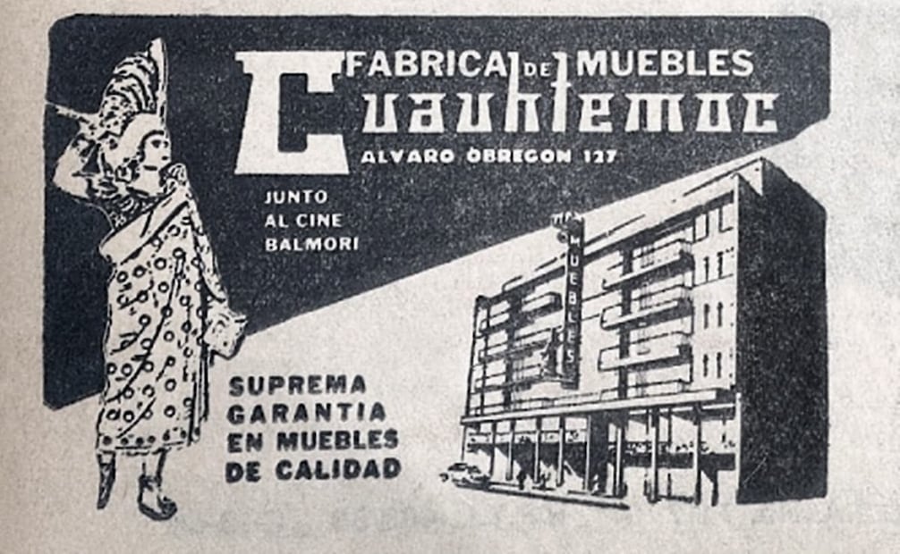 Anuncio de la “Cuauhtémoc” donde se aprecia mejor el aspecto del edificio, años 60. Los pisos superiores eran para departamentos, cada uno con estancia, dos o tres recámaras, dos baños, además de garaje disponible, interfono y elevador; todo bajo la administración de la mueblería. Foto: Hemeroteca EL UNIVERSAL.