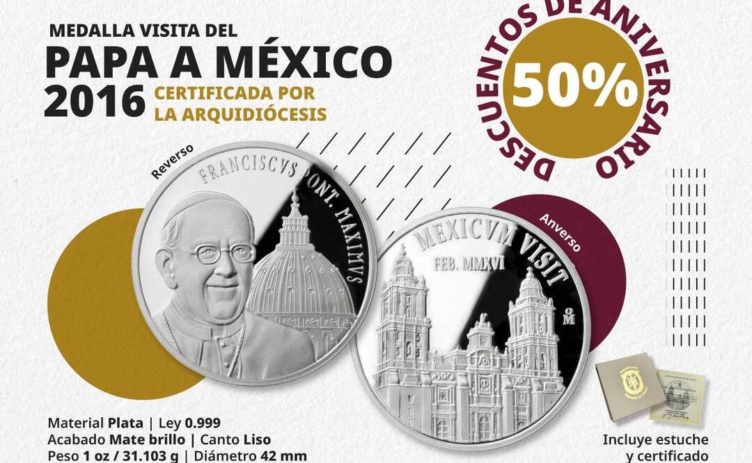 Medalla conmemorativa acerca de la visita del Papa Francisco a México en febrero de 2016. Foto: Facebook @CasadeMonedaMx