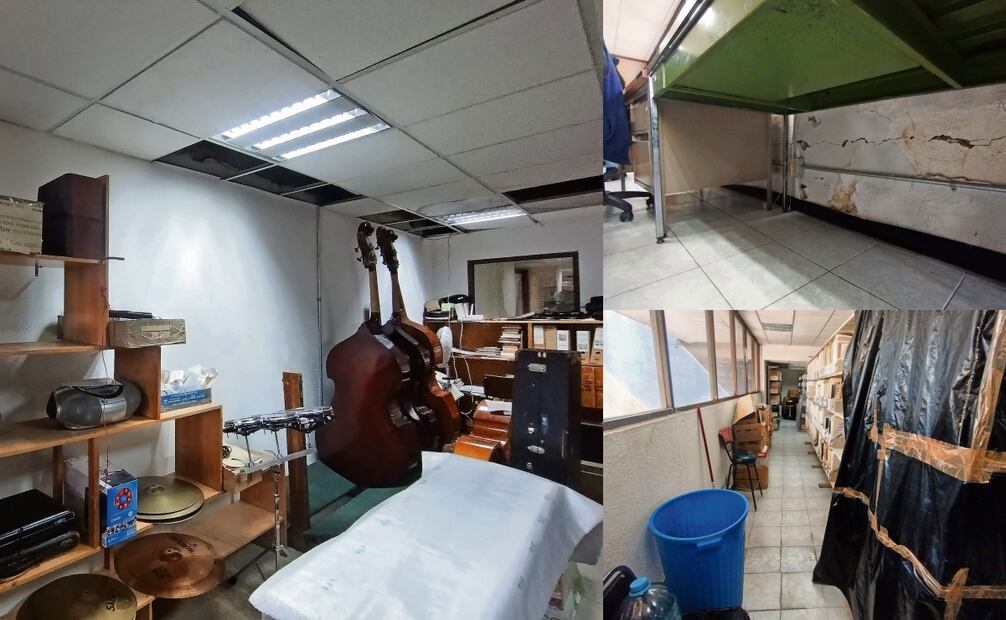 Grietas, techos sin plafones, decenas de goteras y un sistema de extracción de humedad inservible son constantes en salones, una bodega de instrumentos y en la biblioteca. Fotos: Fernanda Rojas / EL UNIVERSAL