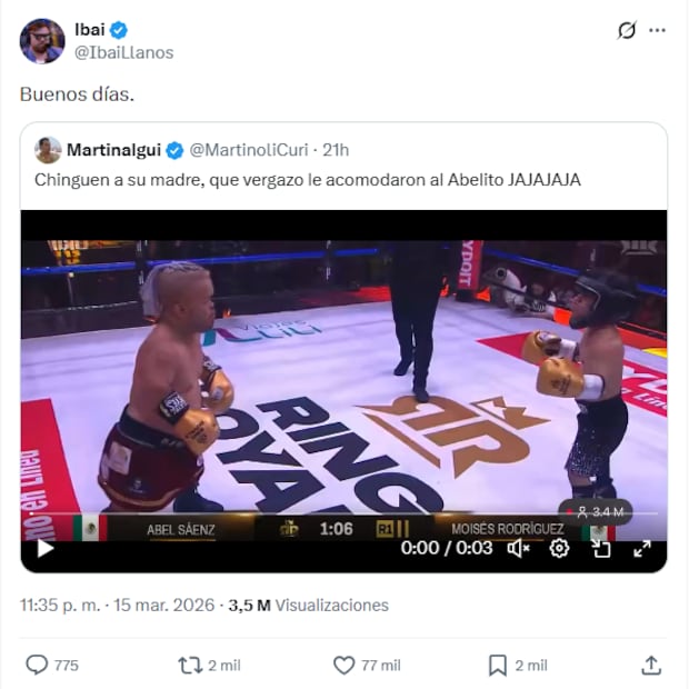 Ibai, organizador de La Velada del Año, reacciona al combate entre Abelito y Bul Terrier en Ring Royale. Foto: Captura de pantalla X