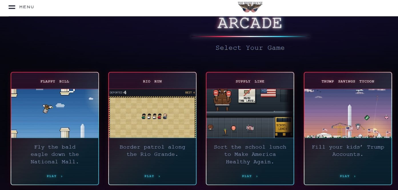 Los juegos disponibles en la página de la Casa Blanca. Build the Wall fue eliminado. FOTO: CAPTURA