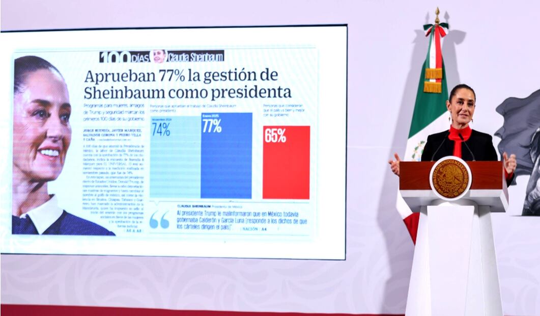 La presidenta Claudia Sheinbaum señaló que los resultados de la aprobación del 77% en una encuesta publicada por EL UNIVERSAL se debe a que está cerca del pueblo y no traicionar los principios; además de "cumplir con los que nos comprometimos y trabajar en cuerpo y alma con el pueblo de México", dijo. Foto: Diego Simón Sánchez/EL UNIVERSAL