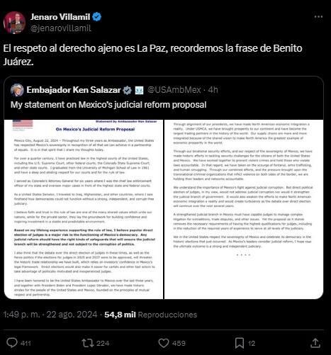 Jenaro Villamil opina sobre el posicionamiento del embajador Ken Salazar. Foto: Tomada de la cuenta de X de @jenarovillamil