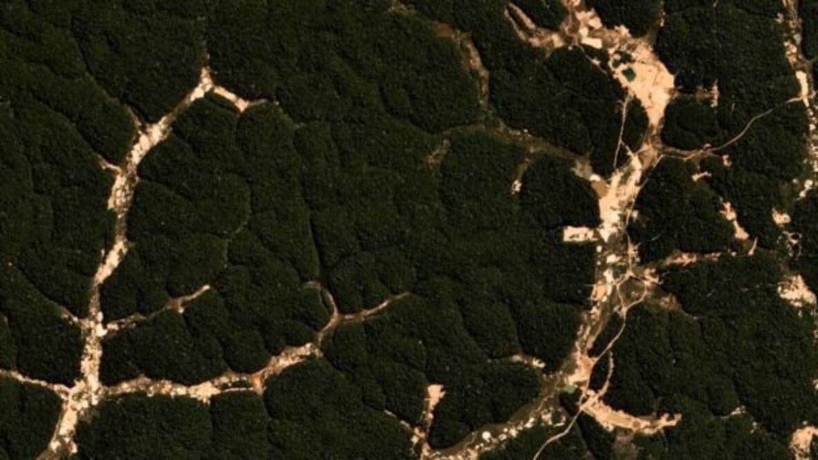 Minería ilegal de oro en la Tierra Indígena Kayapó, Pará, en julio de 2019. Los puntos más claros indican la actividad reciente. Foto: BBC