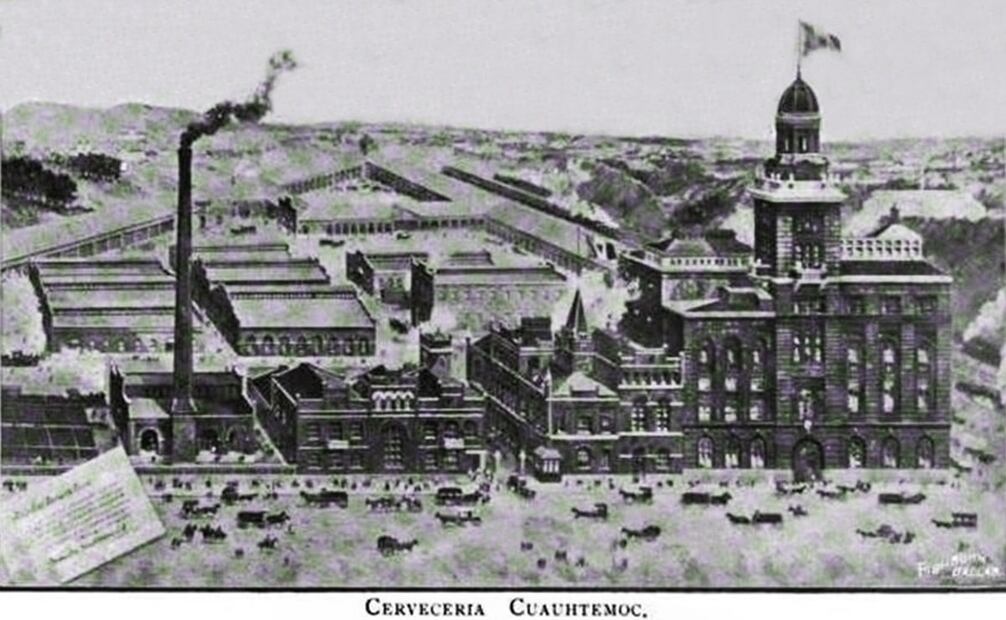 Grabado de la Cervecería Cuauhtémoc, con su planta en Monterrey. Establecida desde 1889 por Isaac Garza, padre de Eugenio; la compañía enfrentó las secuelas del Porfiriato, la Revolución y la crisis financiera de Estados Unidos de los años 20. Foto: Wikimedia Commons.