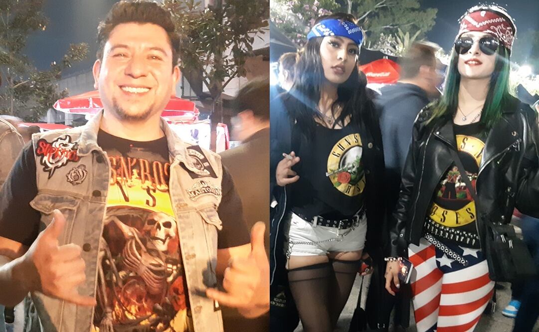 Fanáticos de Guns N’ Roses se preparan para el concierto con chaquetas de cuero y playeras de la banda, mostrando su espíritu rockero. Foto: David Rosas/EL UNIVERSAL.