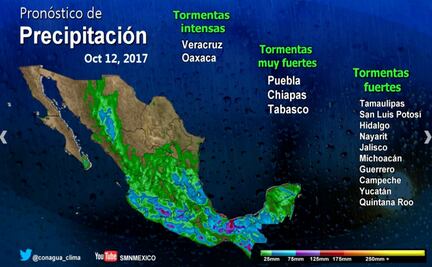 Prevén tormentas de fuertes a intensas en 16 estados del país