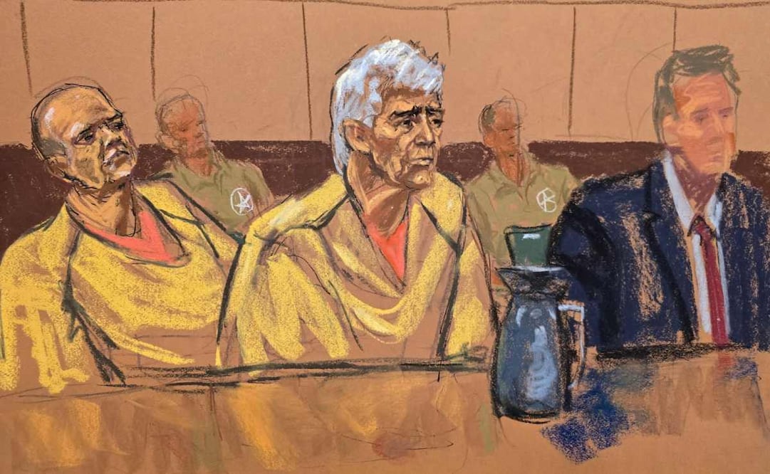 Fotografía de un dibujo realizado por la artista Jane Rosenberg que muestra al cofundador del extinto Cartel de Guadalajara, Rafael Caro Quintero (d), y el responsable de su seguridad, su sobrino Ismael Quintero Arellanes (i), durante una audiencia este miércoles, en el tribunal del Distrito Este de Nueva York (EU). Foto: EFE